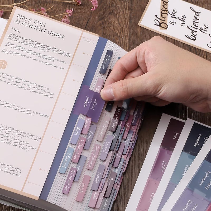 thinkor Laminated & Repostion Bible Tabs, Large Print Christian Gift for Women and Men, Easy to Read and Apply Bible Journaling Tabs (Purple & Pink Print) - Image 3